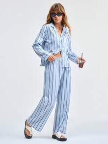 Loungeista 两件套女士宽松舒适透气条纹长袖睡衣套装 - 灰色 - 查看 7