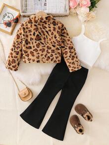 SHEIN 3pcs Set: Knitted Plaid Short Jacket, Solid Color Knitted Camisole, And Flared Pants - Brown - View 2