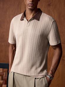 AKNOTIC 男士休闲撞色领短袖Polo衫，夏季 - 卡其色 - 查看 1