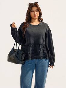 Elaquor Plus Size All-Match Casual Ruffle Patchwork Black T-Shirt, Versatile For All Seasons