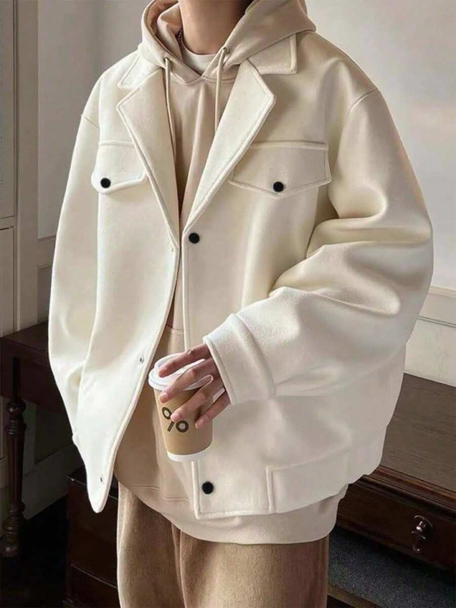 Claim Dot 男士休闲长袖纽扣外套，秋冬季，男士秋冬轻奢成熟休闲粗花呢翻领口袋保暖弹力袖口大衣