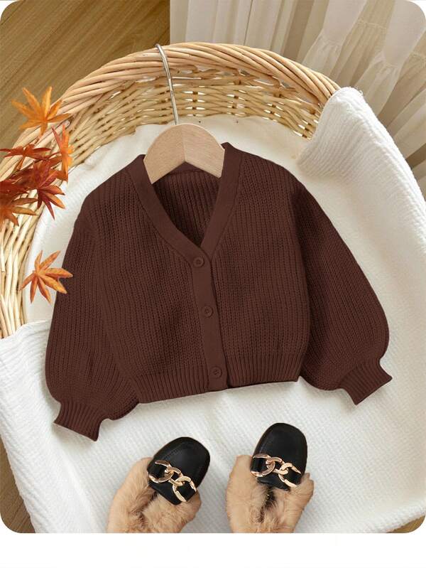 SHEIN Baby Mädchen süßer V-Ausschnitt Strickjacke, Langarm Herbst Winter Kleidung für Mädchen