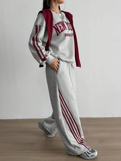 Aidyla 2 件套撞色条纹羊毛连帽衫，时尚街头风格