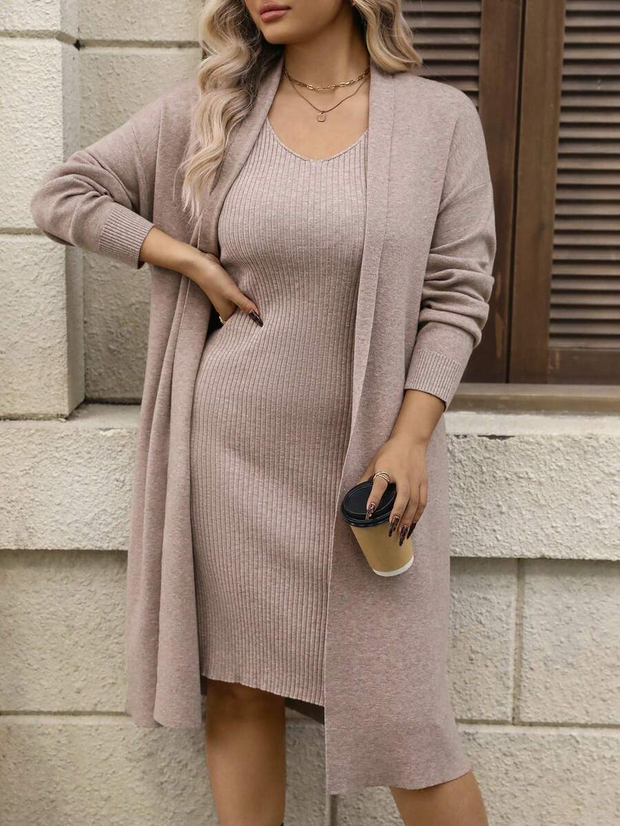 EMERY ROSE Plus Size Women Solid Color Drop Shoulder Long Sleeve Knitted Cardigan And Sleeveless Knitted Dress Casual Set, Autumn/Winter - Camel - View 1