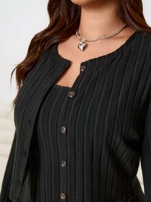 SHEIN EZwear 2025 Autumn/Winter New Casual Outgoing Daily Wear Party Commute Back To School Date Birthday Party Home Occasion Open Front Long Sleeve Jacket And Camisole Short Knit Dress, Warm Ribbed Knit Fabric, Black, Plus Size 2-Piece Set - Black - View 6