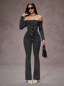 Jeanoix Y2K露肩松紧腰水洗牛仔喇叭连体裤 - 黑色 - 查看 4