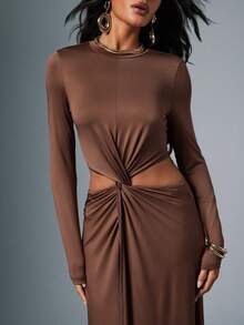 Hauture Fall Boho Sexy Casual Twist Cut Out Long Sleeve High Slit Maxi Dress - Volcanic Gray - View 4