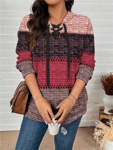 SHEIN LUNE 加大码女式撞色插肩袖抽绳连帽休闲卫衣 - 彩色 - 查看 4