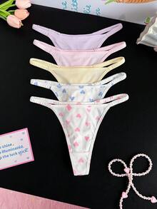 PetitDoll 5pcs/Pack Women's Sexy Thong Panties, Sweet Ribbed Design - Multicolor - View 1