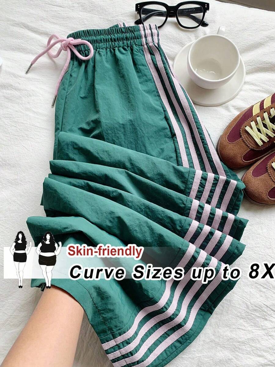 SHEIN CURVE+ Plus Size Women Casual Contrast Color Pants, Side Stripe Elastic Waist Loose Fit Sweatpants, Versatile Streetwear, Cargo Pants/Autumn /Winter