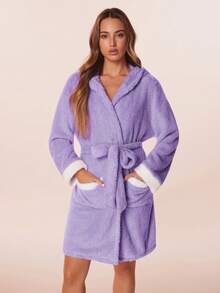 My Little Pony X SHEIN Women's Soft Contrast Trim Cartoon Embroidered Hooded Bathrobe, Autumn/Winter Robes For Women Fluffy Fuzzy Robe Plush Robe Purple Robe Bath Robes For Women