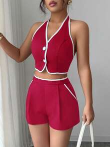 Selianne Nuevo conjunto de verano de 2 piezas para mujer con top corto con espalda descubierta y lazada, y shorts con bolsillos en contraste - Burdeos - Ver 3