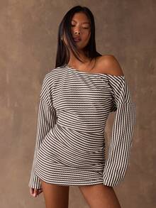 SHEIN BAE 女士通勤时尚不对称领条纹迷你连衣裙 - 咖啡棕 - 查看 4