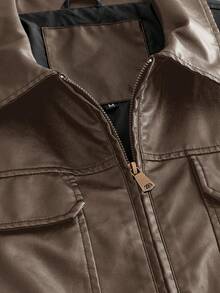 Manfinity NXTstreet Men's Cargo Pocket Short Leather Jacket Loose Fit Jacket For Men Men's Mocha Bomber Jacket Brown Jacket Cropped Men Jacket Bomber Jacket - Coffee Brown - View 4