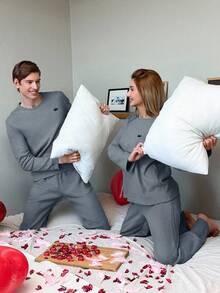 EURMUSE Cotton Men'S Ribbed Knit Homewear Set - Dusty Blue - View 2