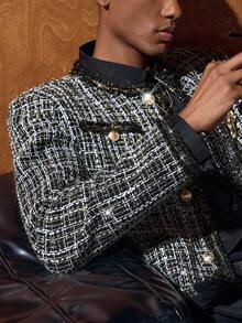 AKNOTIC Business Casual Men's Plaid Long Sleeve Multi-Pocket Chest Patch Jacket, Autumn/Winter - Black - View 8