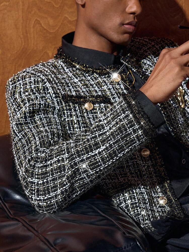 Men's Plaid Long Sleeve Multi-Pocket Chest Patch Jacket, Autumn/Winter