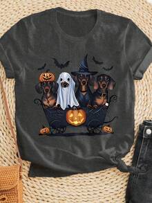 EMERY ROSE Áo thun cổ tròn tay ngắn họa tiết chó Dachshund, bí ngô và dơi dễ thương cho lễ Halloween cỡ lớn - Màu xám đen - Xem 1