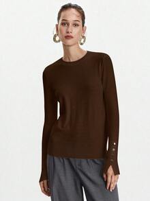 Lumivelle All-Match Round Neck Casual Versatile Long Sleeve Knit Undershirt Brown Long Sleeve Top Dark Brown Top Chocolate Brown Top Coffee Brown Top Brown Top Women - Coffee Brown - View 4