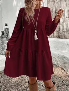 EMERY ROSE Robe ample à col rond unie rouge vin, style minimaliste polyvalent, grande taille, convient pour l'automne/hiver, les déplacements quotidiens, l'ambiance de Noël et du Nouvel An - Rouge foncé - Voir 4