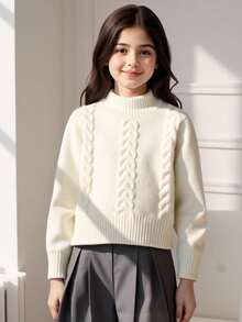 SHEIN Sparklyn 少女高领白色扭结针织套头毛衣，长袖休闲优雅简约针织衫，适合秋冬季节穿着，保暖舒适，日常穿着。 - 白色 - 查看 3