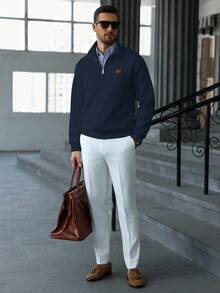 Manfinity CasualCool 男士休闲纯色纹理半拉链/四分之一拉链卫衣，男士秋季新款纯色简约休闲四分之一拉链套头卫衣，男士百搭单品，适合日常通勤、旅行等场合，高领设计