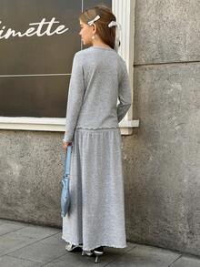 MODELY 儿童女童两件套：法式羊绒不对称垂褶高领修身长袖T恤+高腰长裙，休闲套装，优雅英伦风，适合春秋季日常休闲、派对、度假等场合。 - 淺灰色 - 查看 2