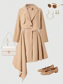 SHEIN Set de 2 piese: Trench elegant, casual, versatil, pentru fete, cu rochie fără mâneci - perfect pentru plimbări în aer liber, cumpărături, naveta și călătorii primăvara și toamna - Kaki - Vizualizare 7