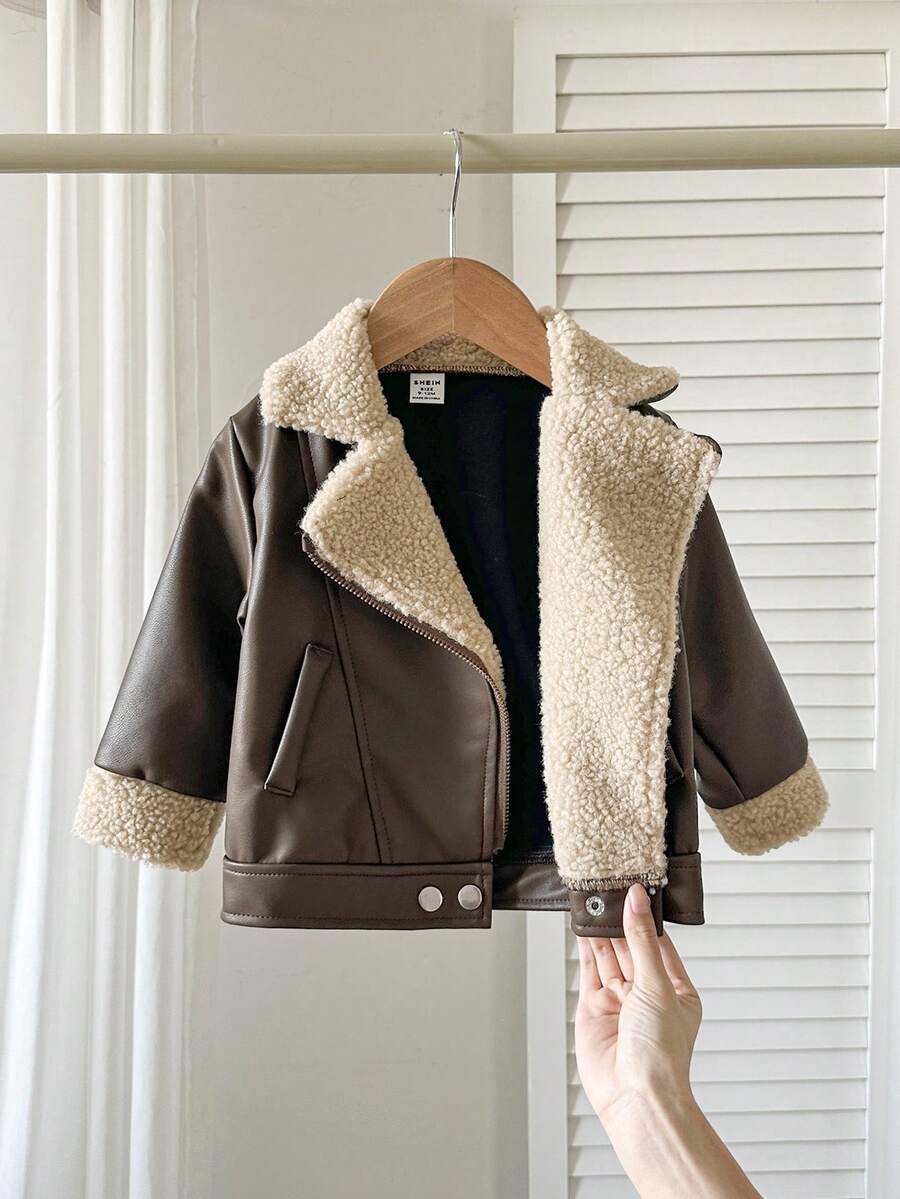 SHEIN Infant Boys' Casual Comfortable Loose Fit Faux Leather Lapel Long Sleeve Jacket, Autumn/Winter - Coffee Brown - View 1