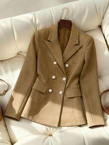 Franclia 女士纯色西装外套，长袖珍珠纽扣开合，适合工作通勤、日常穿着，秋冬季款 - 棕色 - 查看 1
