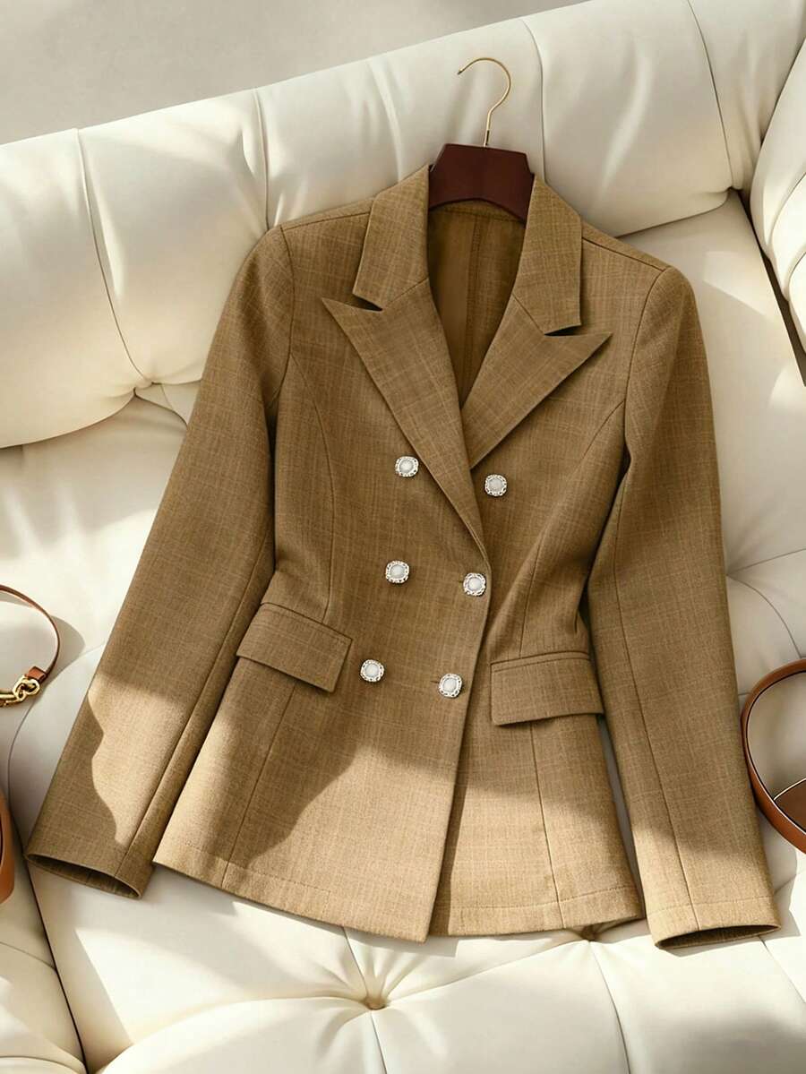 Franclia 女士纯色西装外套，长袖珍珠纽扣开合，适合工作通勤、日常穿着，秋冬季款 - 棕色 - 查看 1