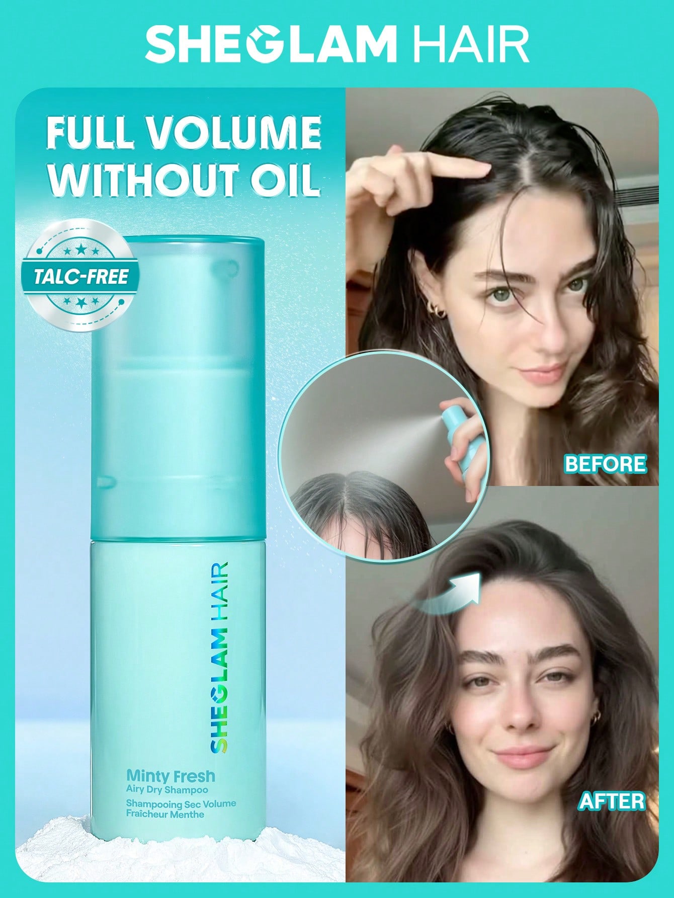 SHEGLAM HAIR شامبو جاف مينتي فريش إيري - خالٍ من التلك، تحكم فوري في الحجم والزيت، مسحوق شامبو جاف، بدون قالب أبيض، يمتص الزيت وين...