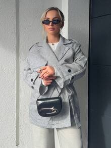 Jeta Ari Abrigo holgado casual de manga raglán a cuadros para mujer en otoño/invierno - Gris - Ver 6