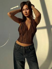 Aloruh Lace-Up Backless Halter Top For Women, Valentine For Women, Valentine For Women - Coffee Brown - View 5