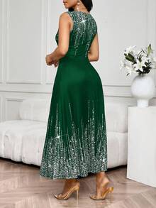 SHEIN Lady 女士派对优雅无袖收腰长裙 - 墨綠色 - 查看 2