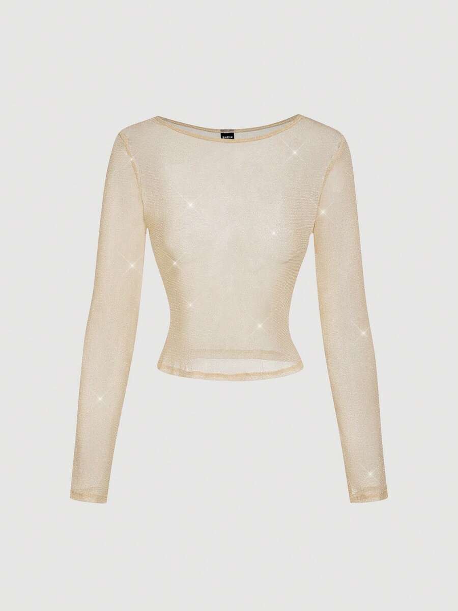 SHEIN MOD Women's Solid Color Fashionable Shiny Semi-Sheer Fitted Long Sleeve T-Shirt - Apricot - View 1