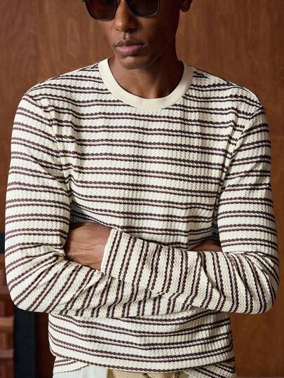 AKNOTIC Men's Casual Striped Long Sleeve T-Shirt, Suitable For Commuting, Autumn Earthy Clothes Men Men Sweater Top Tarte Mcrae Knit Wear Men Men Striped Top Jumper For Men