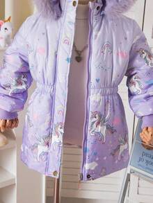 女童冬季羽绒服，加厚保暖内衬，彩色毛领连帽拉链外套，修身腰身，大口袋，儿童冬季羽绒服 - 淡紫色 - 查看 8