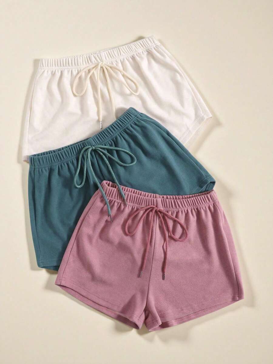 3 件套女士纯色腰系休闲家居短裤 - 彩色 - 查看 1