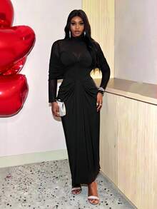 Slaydiva Plus Size Women Black Elegant Dress, Autumn Mesh Patchwork Twist Design Fitted Fashion Long Sleeve Formal Evening Ruched Christmas Dress - Black - View 4