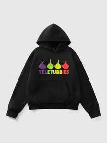 ROMWE MEN Teletubbies X ROMWE Men's Casual Letter & Cartoon Pattern Hoodie, Autumn - Black - View 2