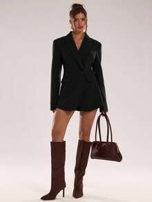 SHEIN BAE 女士纯色翻领长袖单排扣外套和短裤休闲套装 - 黑色 - 查看 4