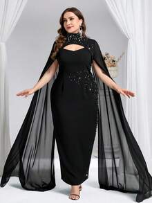 Coutiva Luxury Evening Gown, Stand Collar Long Sleeve Rhinestone Embellished Elegant Formal Dress - Black - View 6