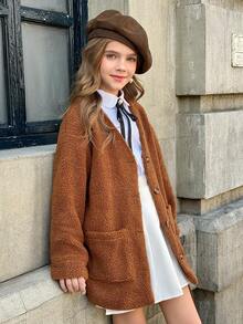 SHEIN Chaqueta casual de una hilera cálida para niñas preadolescentes, otoño/invierno