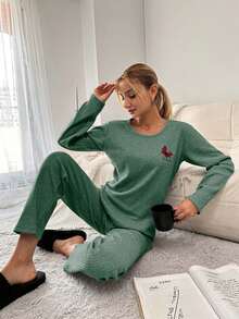SHEIN Cottnline Butterfly & Letter Embroidery Rib Knit Homewear Set - Green - View 5