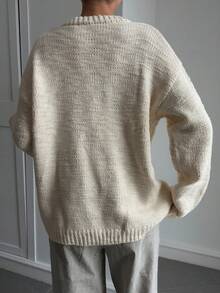 Livesso Women's Solid Color Round Neck Drop Shoulder Long Sleeve Casual Loose Sweater, Autumn/Winter - Beige - View 3