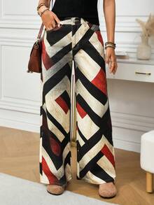 EMERY ROSE Women's Geometric Print Pocket Wide Leg Loose Casual Denim Pants Pattern Pants Women Wide Leg Pants Palazzo Pants Women Wide Leg Summer Pants Patchwork Pants - Khaki - View 3