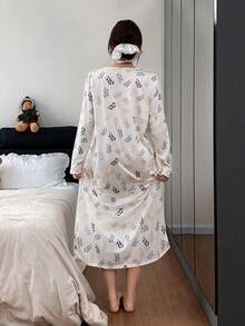 SHEIN Women's Romantic Ditsy Floral Knit V-Neck Loose Long Sleeve Nightgown, Winter, Moo Moo Night Dress - Multicolor - View 5