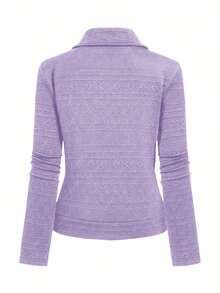 GlowEve 纹理面料拉链休闲摩托车夹克，翻领设计 - 紫色 - 查看 2