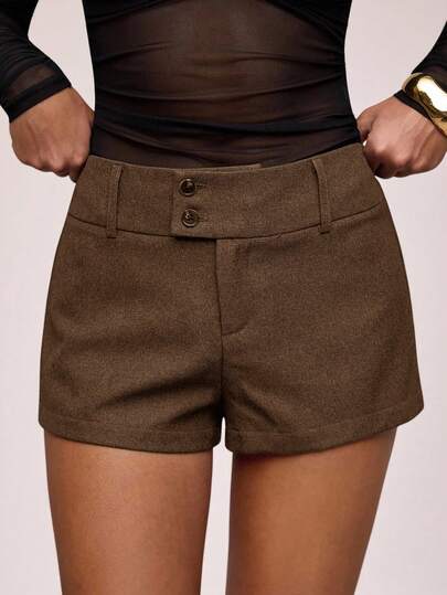 SHEIN BAE Casual Women's Zipper Brown Mini Shorts, Straight Leg Plain Woven Fabric Design Elegant Shorts
